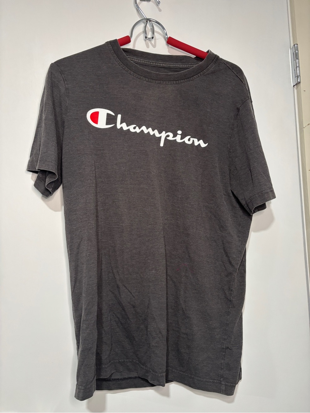 Champion Gray Short Sleeve Logo Tee with Red Accent